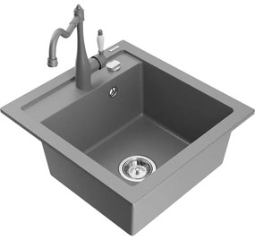 Mexen Vito, granitový drez 490x520x210 mm, 1-komorový a drezová batéria Carla, šedá, 6503-71-670700-71