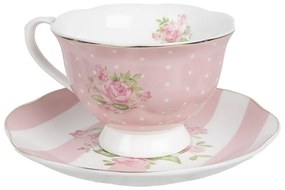 Bielo-ružová šálka a tanierikom s ružičkami Sweet Roses - 12*9*6 cm / Ø 14*2 cm / 200 ml