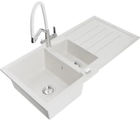 Mexen Andres, granitový drez 1000x500x200 mm, 1,5-komorový a drezová batéria Duo, biela, 6515-20-671701-02