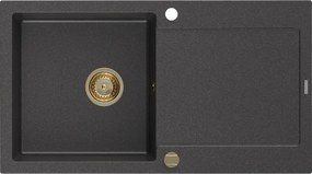 Mexen Leo, drez granitový 900x500x190 mm, 1-komorový, čierna škvrnitá so zlatým sifónom, 6501901010-76-G
