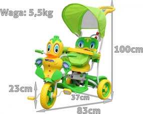 RAMIZ Detský bicykel Green Duck s 3 kolesami + zvuky + strecha + zábrana + opierka na nohy + rukoväť + úložný priestor A11-2- zelené