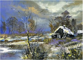 Sklenený obraz chalúpky v zimnej krajine, olejomaľba (70x50 cm)