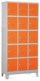 Kovová šatníková skrinka - 15 boxov, 90 x 40 x 195 cm, pevné nohy, cylindrický zámok, oranžová - ral 2004