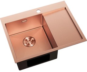Mexen Exar, 1-komorový nerezový drez s odkvapkávačom, ľavý, 620 x 480 mm, brúsená meď, vzor voština, 6431621005L-65HC