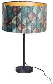 Stolová lampa čierna s plyšovým tienidlom s dizajnom listov a zlatým vnútorným priestorom - Parte