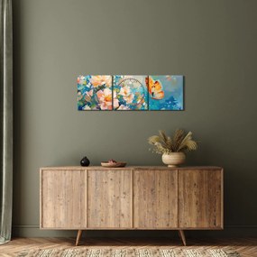 Obraz - Motýľ a kvety, olejomaľba II. (s hodinami) (90x30 cm)
