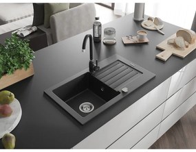 Mexen Pablo, 1-komorový granitový drez s odkvapkávačom 75x44 cm a kuchynskou batériou Telma, čierna, 6510-77-670200-70