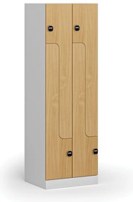 Kovová šatníková skrinka Z, 4 oddiely, 1850 x 600 x 500 mm, demont, zámok s čítačkou RFID kariet, laminované dvere, buk