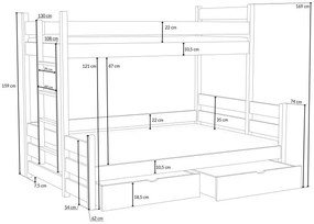 Detská poschodová posteľ z masívu borovice s rozšíreným spodným lôžkom BERTA so šuplíkmi - 200x90/140 cm - BIELA