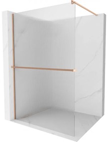 Mexen Kioto+, sprchová zástena Walk-In s poličkou a vešiakom 90 x 200 cm, 8mm sklo s rebrovým vzorom, medený matný profil, 800-090-121-65-09