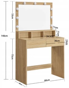 Toaletný stolík so zrkadlom a osvetlením WESO SONOMA 80x140 cm