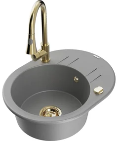 Mexen Kevin, 1-komorový granitový drez 586x458x190 mm a drezová batéria Elia, šedá, 6517-71-670101-50