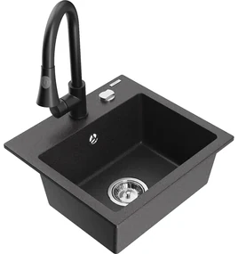 Mexen Milo, 1-komorový granitový drez 435x410x171 mm a drezová batéria Elia, čierna škvrnitá, 6505-76-670101-70