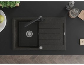 Mexen Bruno, 1-komorový granitový drez s odkvapkávačom 795x495x200 mm a čierna batéria Duero, čierna-zlatá metalíza, 6513-75-671600-70