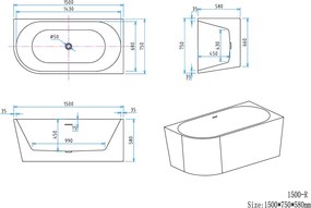 Erga Zara, rohová voľne stojaca vaňa 150x75 cm + odtoková zátka, pravá, biela lesklá, ERG-ZARA-150075R-WH-WH