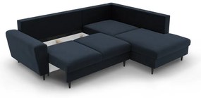 Tmavomodrá zamatová rozkladacia/s úložným priestorom rohová pohovka (pravý roh/do L) Kyoto – Cosmopolitan Design