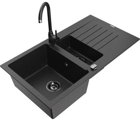Mexen Matias, granitový drez 900x505x200 mm, 1,5-komorový a čierna batéria Telma, čierna-strieborná metalíza, 6502-73-670200-70-B