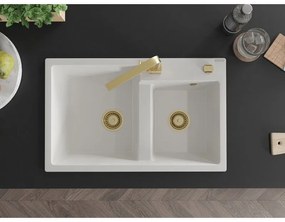 Mexen Tomas, granitový drez 800x500x190 mm, 2-komorový a zlatá batéria Rita, biela, 6516-20-670300-50