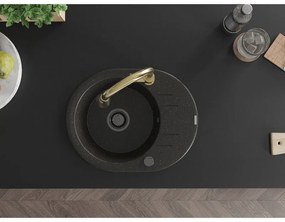 Mexen Kevin, 1-komorový granitový drez 586x458x190 mm a drezová batéria Elia, čierna-zlatá metalíza, 6517-75-670101-50-B