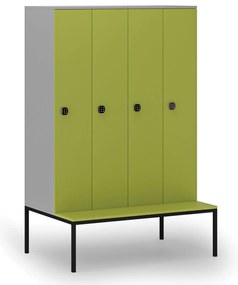 Drevená šatníková skrinka S4 s lavičkou, 4 oddiely, 1871 x 1200 x 500/800 mm, demont, kódový zámok, sivá/zelená