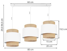 Závesné svietidlo BOHO, 3x jutové/biele textilné tienidlo