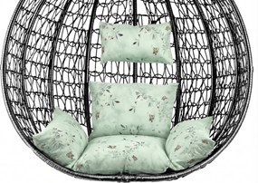 Čierne závesné kreslo KOKON bez stojanu, svetlozelený vankúš so vzorom