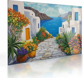 Sklenený obraz - Grécka ulička (70x50 cm)
