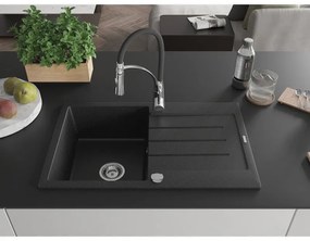 Mexen Bruno, 1-komorový granitový drez 795x495x200 mm a drezová batéria Aster, čierna-strieborná metalíza, 6513-73-73450-07