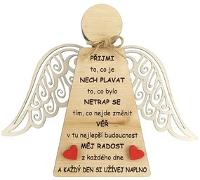 AMADEA Drevený anjel stojaci s krídlami a motivačným textom, masívne drevo, 18 x 15 cm
