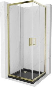 Mexen Rio, štvorcový sprchovací kút s posuvnými dverami 80 (dvere) x 80 (dvere) x 190 cm, 5mm číre sklo, zlatý profil + čierna sprchová vanička SLIM, 860-080-080-50-00-4070G