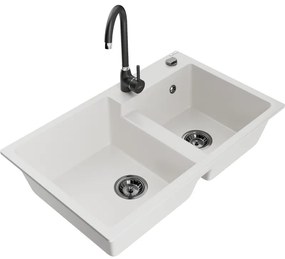 Mexen Tomas, granitový drez 800x500x190 mm, 2-komorový a čierna batéria Telma, biela, 6516-20-670200-70