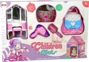 LEAN Toys Princeznovský stan pre deti kozmetický salón ružový s korunkou