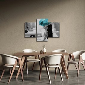 Obraz - Zamilovaný pár s dáždnikom, modrý (90x60 cm)