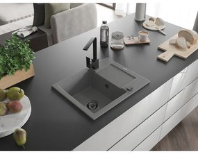 Mexen Enzo, granitový drez 576x465x174 mm, 1-komorový a čierna batéria Rita, šedá, 6506-71-670300-70-B