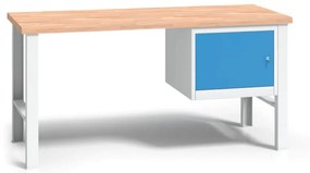 Výškovo nastaviteľný pracovný stôl do dielne WL so závesnou skrinkou na náradie, buková škárovka, 1500 x 685 x 840 - 1050 mm
