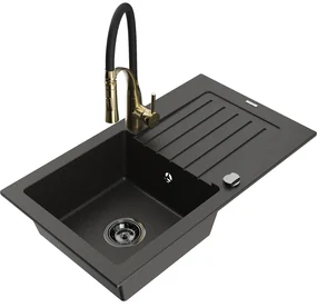 Mexen Pablo, 1-komorový granitový drez 752x436x161 mm a drezová batéria Aster, čierna-zlatá metalíza, 6510-75-73450-57-B