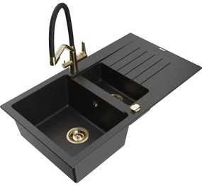 Mexen Matias, granitový drez 900x505x200 mm, 1,5-komorový a drezová batéria Duo, čierna-zlatá metalíza, 6502-75-671701-57-G