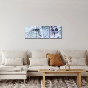 Obraz - Kvetinová freska na tehlovej stene (s hodinami) (90x30 cm)