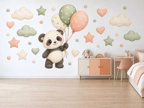 Plyšová panda s balónmi broskyňové a machovo zelené textilné nálepky na stenu pre dievčatká i chlapcov arch 46 x 35 cm