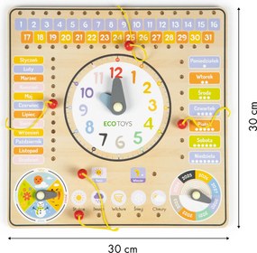 ECOTOYS Drevená edukačná tabuľa - kalendár a hodiny pre deti, dni a mesiace (poľské názvy)