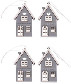 Závesný drevený domček, sivá, v. 9 cm, SET 4 KS