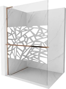 Mexen Kioto+ L, sprchová zástena Walk-In s poličkou a vešiakom 90 x 200 cm, 8mm číre sklo biely vzor, ružové zlato profil, 800-090-123-60-85