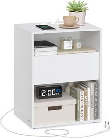 Nočný stolík s funkciou nabíjania, Montáž bez náradia, Príručný stolík s USB, biely