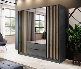 Šatní skříň Nelly 206 cm se zrcadlem grafit/dub artisan