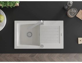 Mexen Pablo, granitový drez 752x436x161 mm, 1-komorový a chrómová batéria Rita, biela, 6510-20-670300-00