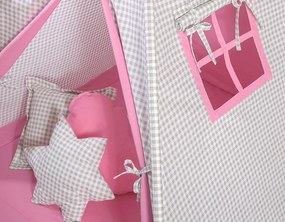 Bobono Stan Teepee pre deti + podložka na hranie + ozdobné pierka - Šedá kocka-ružová