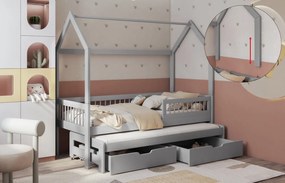 Detská domčeková posteľ z masívu borovice ASHER II so šuplíkmi a prístelkou - 200x90 cm - šedá
