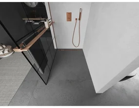 Mexen Kioto+, sprchová zástena Walk-In s poličkou a vešiakom 130 x 200 cm, 8mm číre sklo čierny vzor, medený matný profil, 800-130-121-65-77