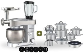 MEGAKOMBO BestBerg BBR-2000S multifunkčný kuchynský robot s nástavcami na cestoviny + 15-dielna sada hrncov a panvíc s nepriľnavým povrchom z nehrdzavejúcej ocele BestBerg BBSC-15 / strieborná