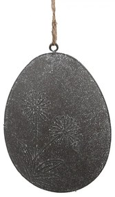 Šedé plechové závesné vajíčko s kvietkom - 10*2*8 cm